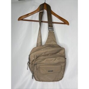 Baggallini Crossbody Messenger Travel Handbag Purse‎ Bag Nylon Beige 12x11" Pink